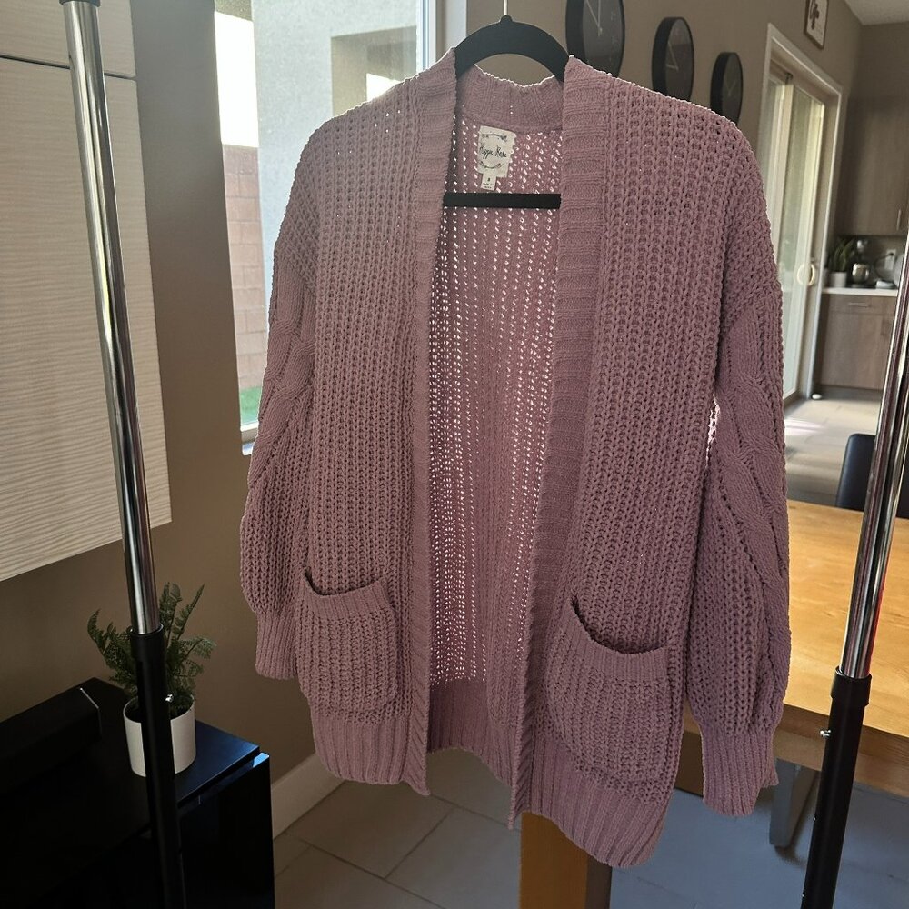 Pink Cardigan Sweater, with pockets, thick and warm.